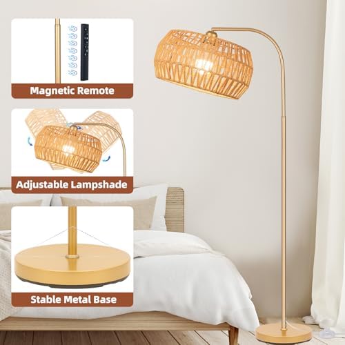 Brilvibera Boho Gold Farmhouse Floor Lamp- Rattan Lamp with Remote and Bulb - Image 5