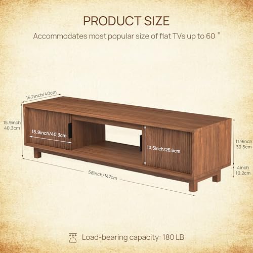 Alpen Fluted TV Stands for Living Room, 58" Mid Century Modern Entertainment Center with Storage, Brown Walnut TV Console for 55/60/65 Inch TV, Wood Television Media Cabinet for Bedroom - Image 2