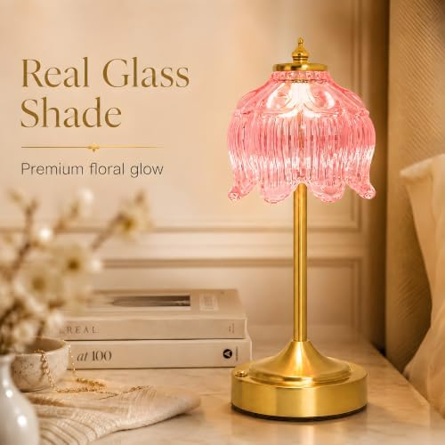 Lotus Flower Table Lamp, Cordless Rechargeable Amber Glass Bedside Lamp | 3600mAh Battery, Touch Control, 3 Color Modes & Stepless Dimming for Bedroom, Nightstand Pink 1PC - Image 3