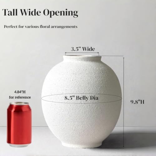 White Ceramic Vase, 9.8" Large, Round, Sandstone White - Image 2