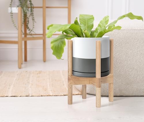 D'vine Dev Ceramic Pot with Natural Wood Stand, White/Grey, 8 in, 55-B-N-6 - Image 4