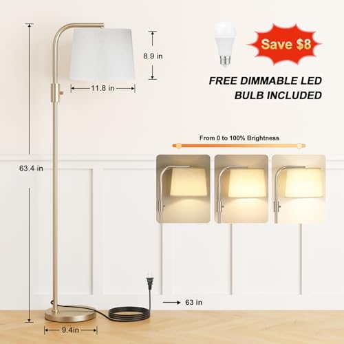 Ambimall Fully Dimmable Floor Lamp with 9W LED Bulb, Standing Lamp for Living Room with Adjustable Head, Modern Tall Light with Rotary Switch for Office, Light Gold and Beige - Image 2
