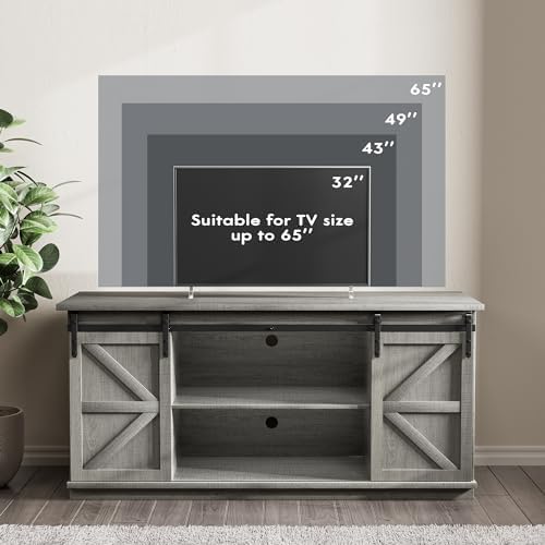 JUMMICO TV Stand for 65 Inch TV, Sliding Barn Doors, Pale Gray - Image 4
