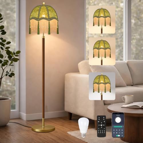 Vintage Floor Lamp For Living Room,Remote Dimmable Wood Gold Standing Lamps With Victorian Fringe Green,Retro Corner Tall Floor Light For Bedroom,Office,Boho Farmhouse Mid Century Modern Decor by Unknown