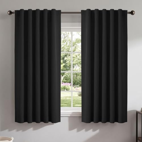 Linen Textured Total Blackout Curtains for Bedroom 63 Inches Long, Black by 100BlackoutShield