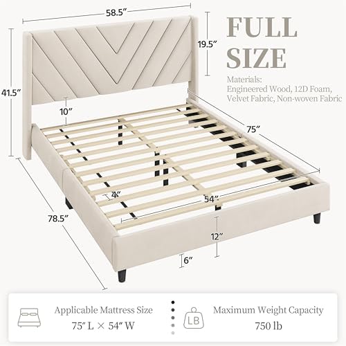 Yaheetech Full Bed Frame with Chevron Channel-Tufted Headboard, Beige - Image 2