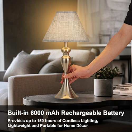 Cordless Table Lamp Rechargeable, Battery Night Light Fabric Shade, Nickel - Image 3