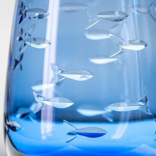 Rolf Glass School of Fish Blue Stemless Wine Glass | Set of 4 Stemless Glasses | 15oz Limited Edition Blue Glass Tumblers | Engraved Lead-Free Coastal Glassware | Made in the USA - Image 2