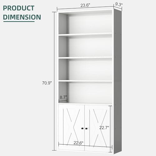 Shintenchi Bookshelf, Industrial Bookshelves and Bookcases with Doors Floor Standing 6 Shelf Display Storage Shelves 70.6 inches Tall Bookcase for Home Office, Living Room (White) - Image 3