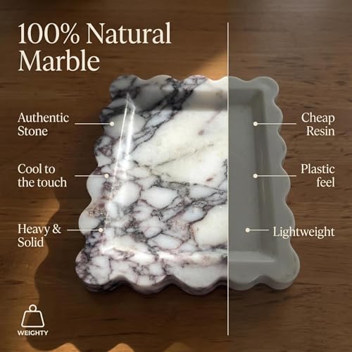Genuine Scalloped Marble Tray 11.8"x7.8", Non-Slip Fluted Vanity Tray for Bathroom & Kitchen, Modern Organic Stone Catchall Dish for Keys, Candle, Jewelry, Decorative Serving Tray (Calacatta Viola) - Image 2