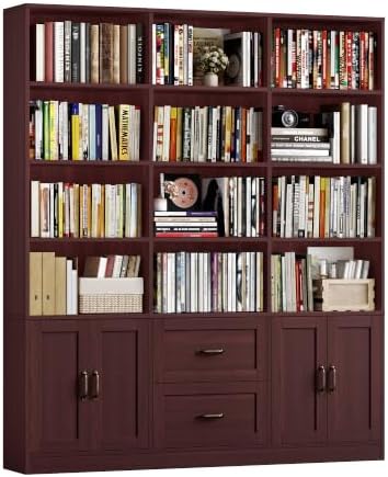 HOSTACK 71" Tall Triple Wide Bookshelf with Storage Drawers & Doors, Cherry by HOSTACK
