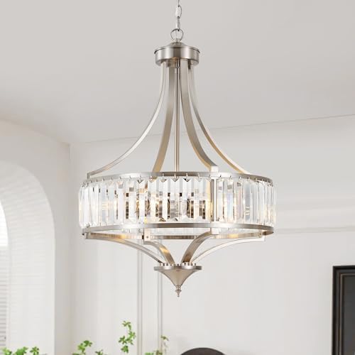 CNRATYE 20" Brushed Nickel Chandeliers for Dining Room, 5-Light Modern Crystal Chandelier for Entryway, Hanging Round Light Fixture for Kitchen Island Living Room Bedroom Office Bathroom Staircase by CNRATYE