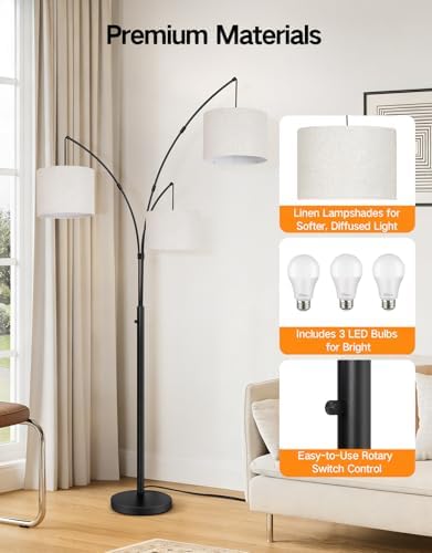 OUTON Arc Led Floor Lamp, Modern 3 Light Arched Tall Floor Lamps for Living Room, Mid Century Adjustable Standing Corner Lamps for Bedroom Office, 3 LED Bulbs Included, Beige Lampshade - Image 6