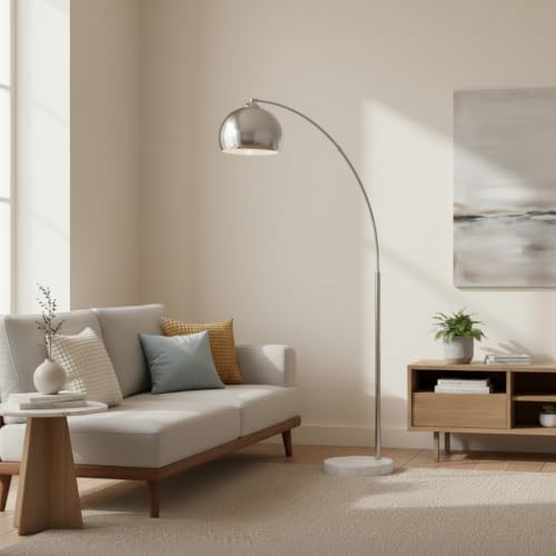 Teamson Home Arquer 68.1" Arc Floor Lamp for Living Rooms, Home Offices, Dining Rooms, Bedrooms with Faux White Marble Base and Nickel Bell Shade - Image 6