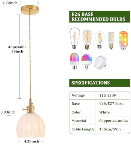 Shenmoyl Pendant Light with White Tulip Glass Lmapshade, Brass Vintage Pendant Light Adjustable Hanging Light for Kitchen Island Dining Room Hallway - Image 6