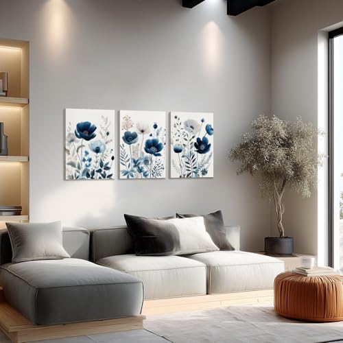 LLEEMPI Framed Navy Blue Floral Wall Art Set of 3, 12x16 Inch Canvas Prints - Image 3
