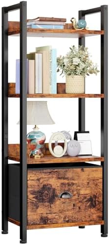Furologee 4 Tier Bookshelf with Drawer, Tall Bookcase with Shelves, Narrow Bookshelves Storage Organizer, Wood and Metal Display Standing Shelf Unit for Bedroom, Living Room, Rustic Brown by Furologee