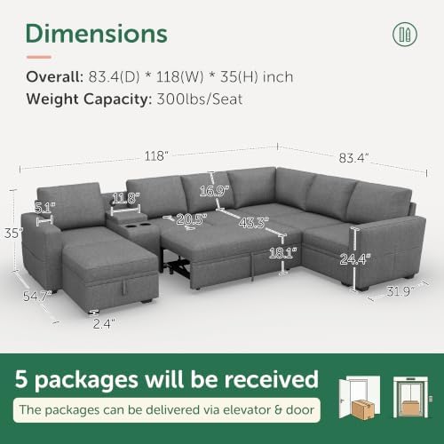 HONBAY Modular Sleeper Sofa with Pull Out Bed, Central Console, Grey - Image 2