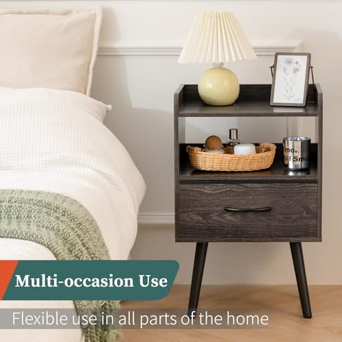 Yoobure Night Stand with Fabric Drawer, Modern Nightstand, Bedside Tables, Mid Century Nightstands with Open Storage Shelf, Wood Bedside Table, Small Night Stands for Bedrooms, 2-Tier Night Table - Image 6