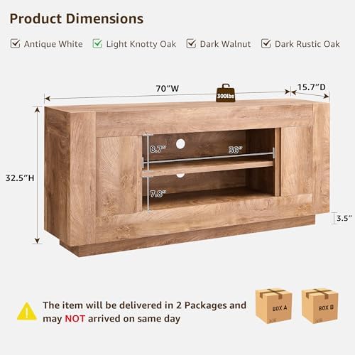 OKD 70" TV Stand for 80" TV, Thick Block Media Console, Light Knotty Oak - Image 2