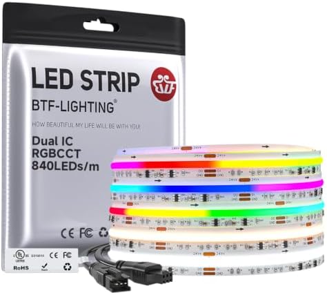 BTF-LIGHTING 24FT WS2811 Dual IC Chasing RGBCCT DC24V COB LED Strip Light by BTF-LIGHTING
