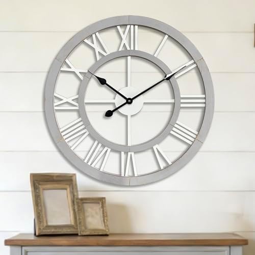24 Inch Large Rustic Wall Clock Silent Non-Ticking Wooden Wall Clocks with Roman Numerals Farmhouse Decorative Clock for Living Room Bedroom Office (Grey) by BlueprintIvy