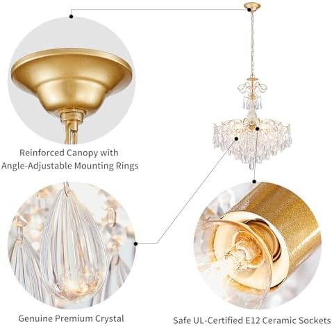 WUZUPS 6-Light Crystal Chandelier Pendant Ceiling Light Modern Lighting Fixture for Bedroom Hallway Bar Kitchen Bathroom, H 25.6" W21.7, E12 Base, Gold - Image 3