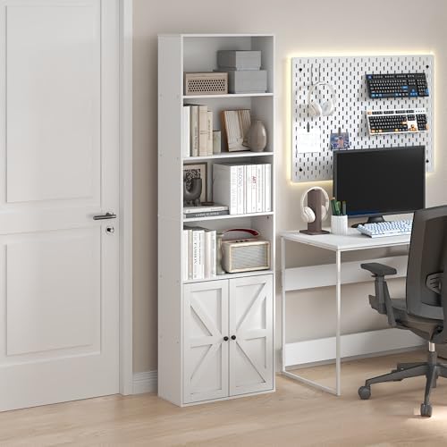 Furinno Jensen 6-Tier Farmhouse Style Book Shelf with Doors, Plain White by Furinno-FitsYourSpaceFitsYourBudget