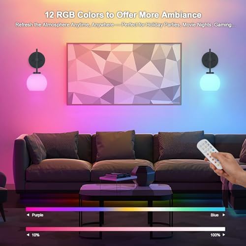 SANTOSTOCK Black Wireless Rechargeable Wall Sconces with Remote Control, Battery Operated Wall Sconce Set of 2, LED Dimmable Wall Lights with Opal White Glass Shade, 12 Colors RGB & 3 CCT Bulb - Image 6