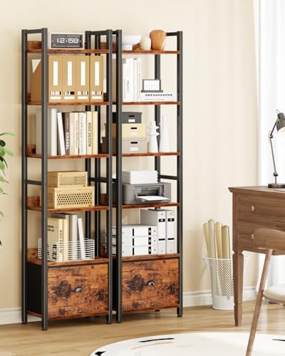 Furologee Book Shelf Set of 2, 6 Tier Tall Shelf with Drawer, Bookshelves and Bookcases Set of 2, Industrial Display Shelving Unit for Bedroom, Living Room, Home Office, Rustic Brown - Image 6