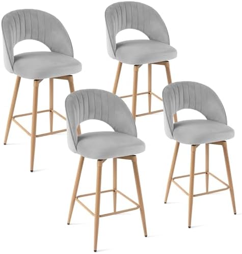 Swivel Bar Stools Set of 4, Counter Height Barstools for Kitchen Island, 26" Seat Height Bar Chairs for Dining Room, Velvet Upholstered Bar Stool with Back and Footrest, Gray - Image 7