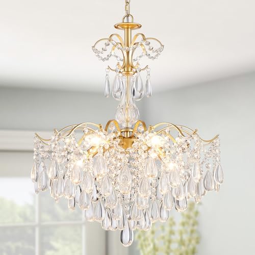 WUZUPS 6-Light Crystal Chandelier Pendant Ceiling Light Modern Lighting Fixture for Bedroom Hallway Bar Kitchen Bathroom, H 25.6" W21.7, E12 Base, Gold by WUZUPSNEWARRIVALCHANDELIERS