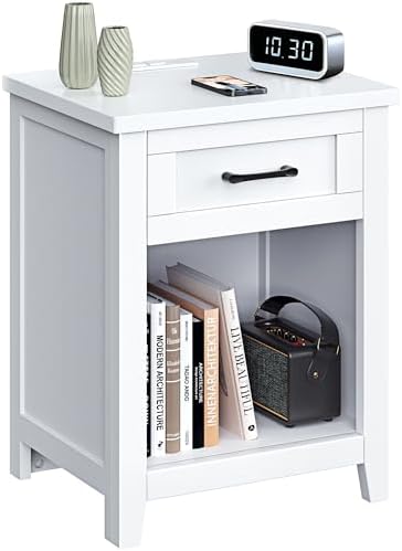 Decofy Farmhouse Nightstand with Charging Station, Pure White by Decofy