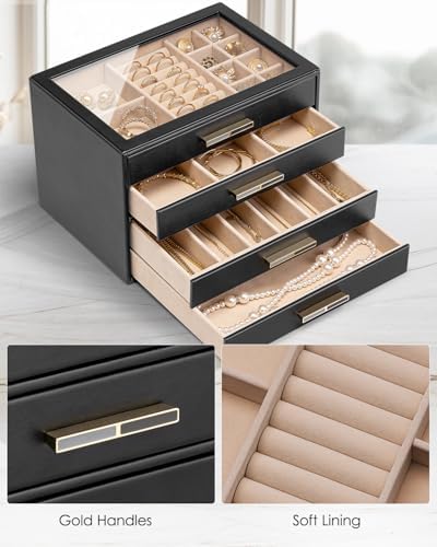 VLANDO 4 Layer Jewelry Box for Women, Glass Lid Jewelry Organizer with 4 Drawers for Necklaces Rings Earrings Bracelets - Black - Image 4