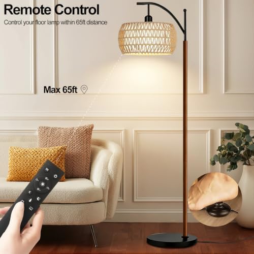 QIYIZM Rattan Floor Lamp for Living Room,Bedroom,Boho Standing Lamp with Remote Dimmable,Wood Vintage Mid Century Modern Black Tall Lamp Wicker Lamp Shade Floor Lights Bohemian Tiffany Style - Image 3