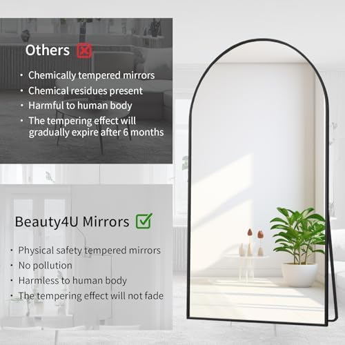 Beauty4U 76" x 34" Arched Full Length Mirror with Stand, Black Floor Mirror - Image 4