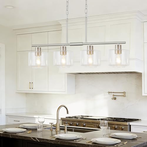 4-Light Brushed Nickel Kitchen Island Lighting, Modern Linear Dining Room Chandelier Light Fixtures with Clear Glass and Chain, Mid Century Hanging Lights for Kitchen Island, OS-YQ8153-4ISBNC - Image 5