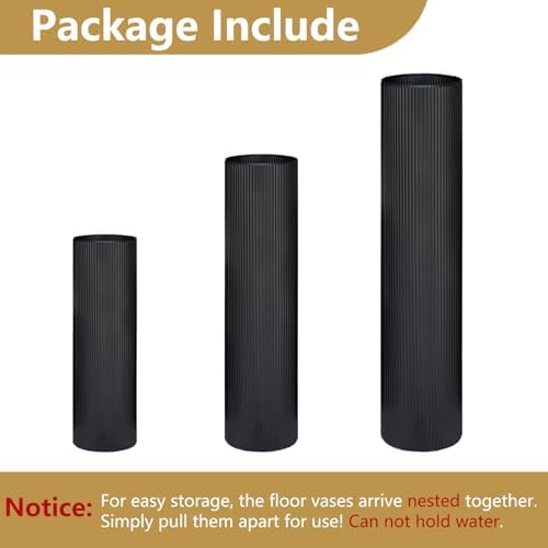 Black Tall Ribbed Floor Vase - Set of 3 Metal Large Decorative Vases - Image 7