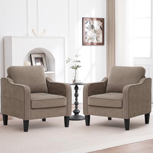 Accent Chairs Set of 2, Upholstered Living Room Chair with Side Pockets, Mid Century Modern Reading Chair for Bedroom, Comfy Armchair Single Sofa Side Chair for Office, Small Room, Brown by choairy