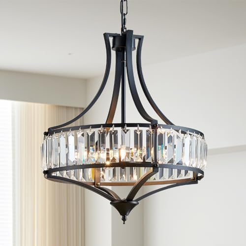 Crystal Chandeliers for Dining Room, Round Rustic Farmhouse Chandelier, Metal Shade, 4-Light Modern Chandelier for Hallway, Bedroom, Foyer Black by Majhoiw