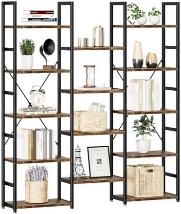 NUMENN Triple Column 5 Tier Bookshelf with 14 Adjustable Shelves, Vintage by NUMENN