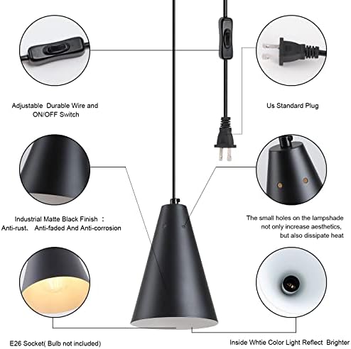 Black Plug In Pendant Light,Hanging Lights With Plug In Cord On/Off Switch, Mini Pendant Lights for Kitchen Island,Modern Farmhouse Pendant Light Fixture with Metal Shade,Hanging Lamps for Bedroom - Image 5