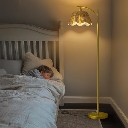 Oneach Arc Floor Lamp for Living Room,Rattan Boho Floor Lamp Decor with Hand-Woven Shade, Foot Switch,Gold Metal Base & Pole,Farmhouse Standing Lamp for Bedroom Corner,Reading - Image 6