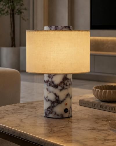 Cordless Marble Table Lamp - Natural Stone Base with Rechargeable Battery by Lumenfox