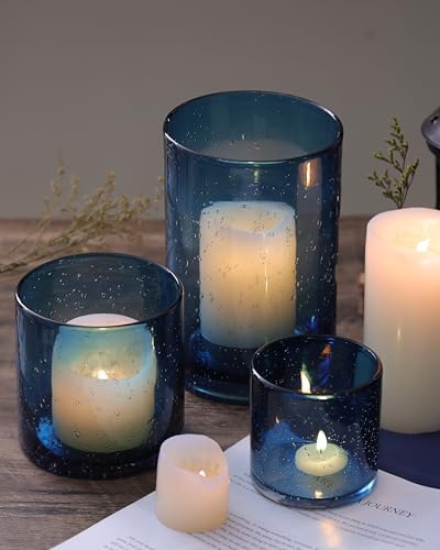 Hurricane Candle Holder Set of 3 Blue Candle Holders for Pillar Candles, Seeded Bubbles Glass Candle Holder, Blue Glass Cylinder Vases for Table Centerpieces, Home, Patio and Wedding 8" 4.7" 3.5" - Image 6