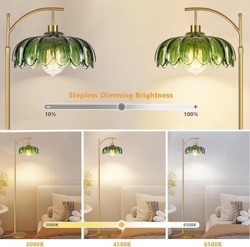 QIYIZM Gold Floor Lamp for Living Room,Bedroom,Mid Century Modern Standing Lamp with Remote,Dimmable Brass Tall Lamp Green Glass Lamp Vintage Retro Arc Floor Lamps Flower Floor Light Boho Bohemian - Image 2
