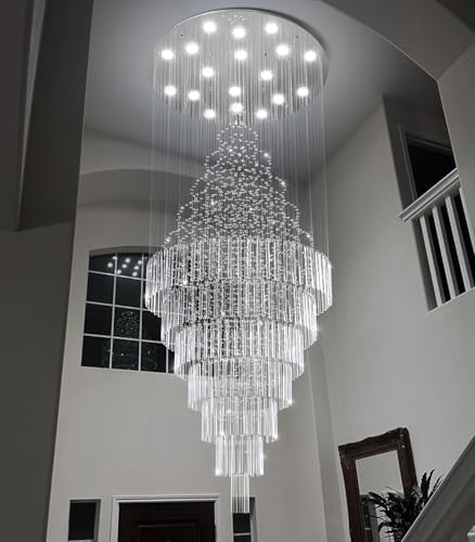 HAIXIANG W40 x H120 Glam Chandelier with LED Bulbs Crystal Raindrop High Ceiling Pendant Light for Entrance Large Villa Chandelier Foyer Lighting Fixtures Silver - Image 3