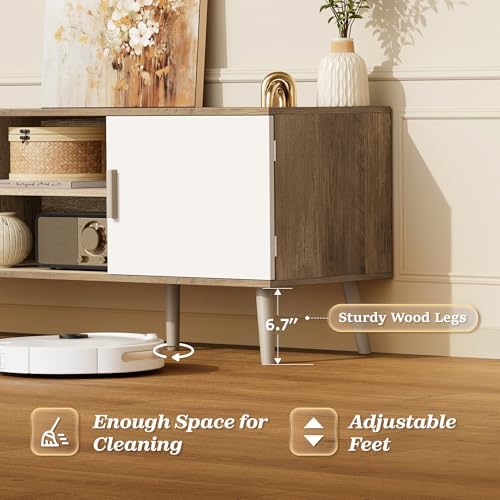 SUPERJARE TV Stand for 55 Inch TV, Entertainment Center with Adjustable Shelf, 2 Cabinets, TV Console Table, Media Console, Solid Wood Feet, Cord Holes, for Living Room, Bedroom, Gray and White - Image 6