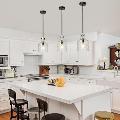WILON Industrial Glass Pendant Lights for Kitchen Island, Modern Black Pandent Light Fixture 7" Hammered Glass Shade Farmhouse Pendant Lights Adjustable Rod Hanging Light for Kitchen Sink Dining Room - Image 4