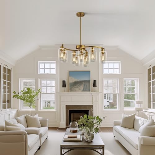 CNRATYE 9-Light Gold Glass Chandelier, Adjustable Height Dining Room Light Fixtures Over Table, Contemporary Hanging Chandelier for Kitchen Island Living Room Foyer Office, Clear Glass Shade - Image 4